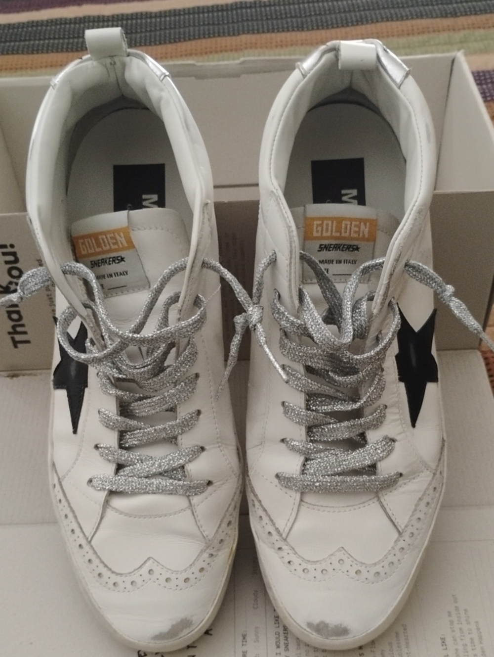 Authentic Golden Goose White Leather Mid Star Sneakers with Black Star